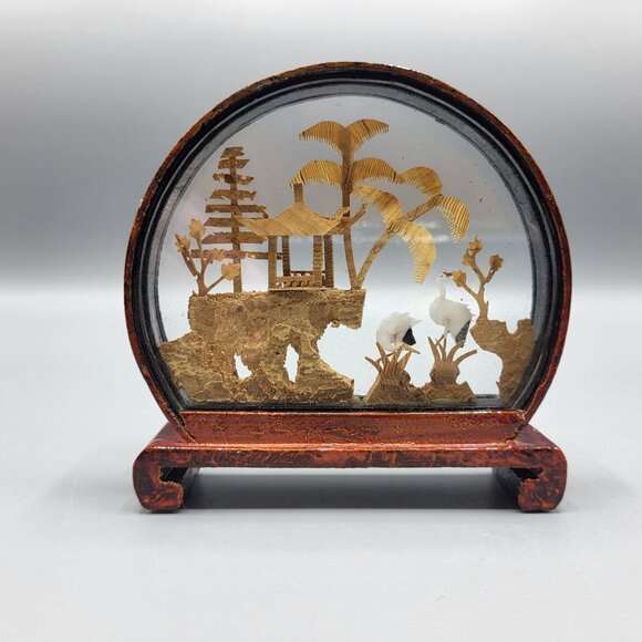 Vtg Chinese Hand Carved Cork Diorama Cranes Black Lacquer Art Stand 4" x 3.75" - Picture 2 of 16